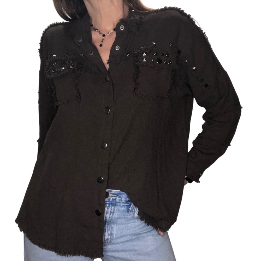 Davi & Dani Studded Western Snap Shirt Top Sz S Brown Cotton Boho Rodeo Grunge